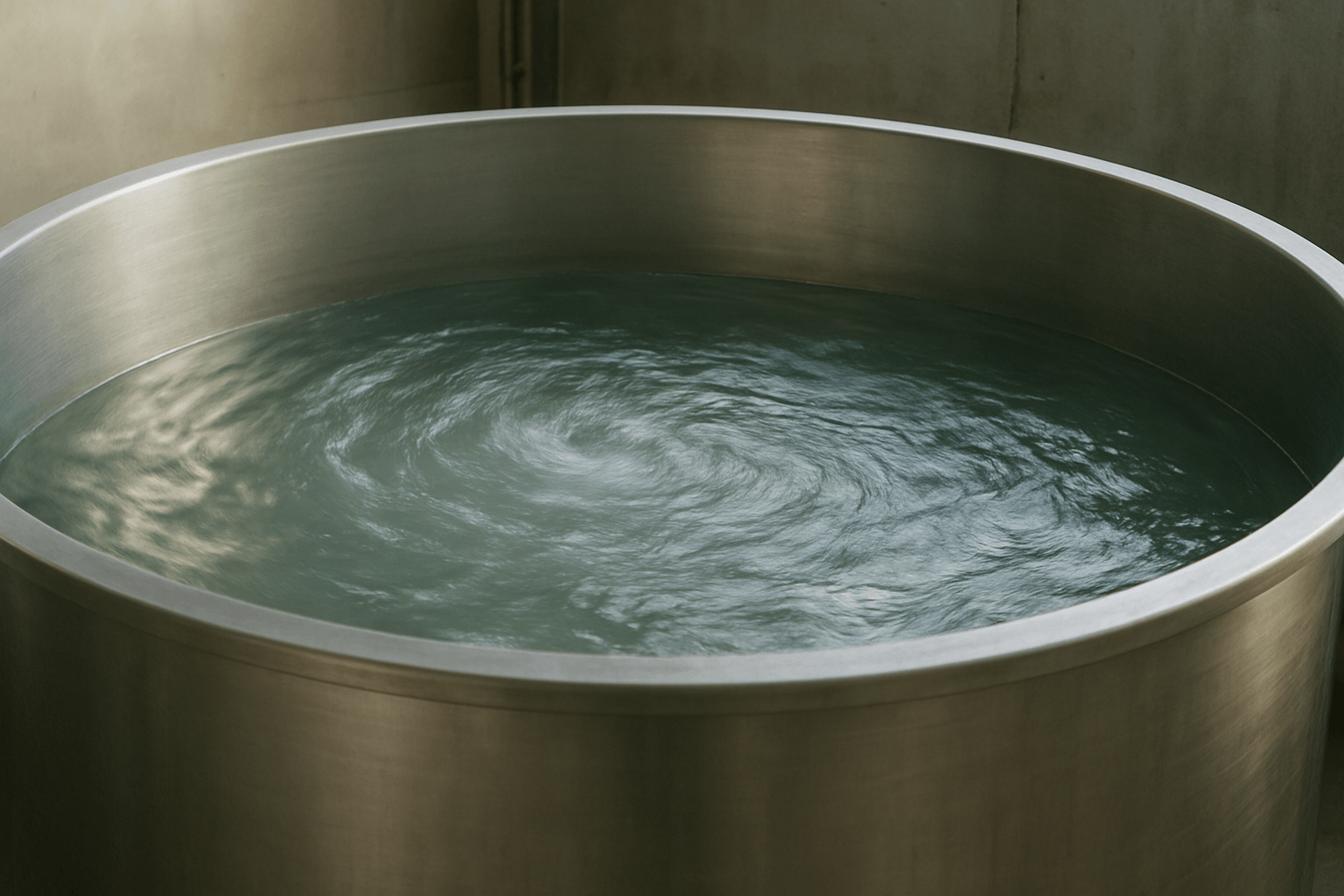 Clear water swirling in a clean stainless steel tank, the water-based alternative to solvent extraction.