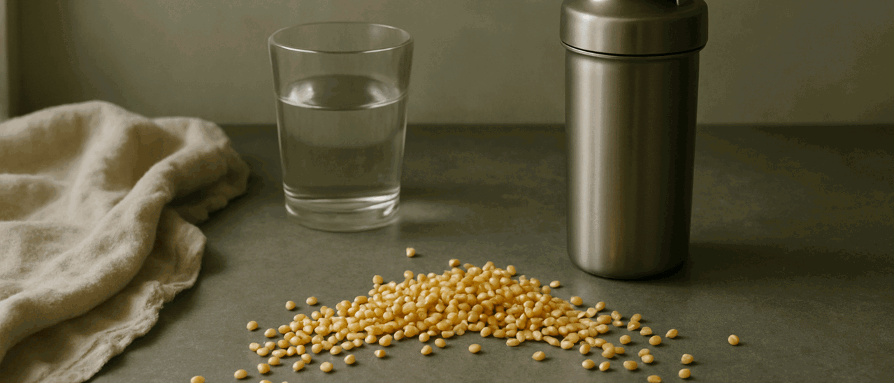 A glass of water and an unmarked shaker bottle on a worktop, with dry yellow split peas scattered in front.