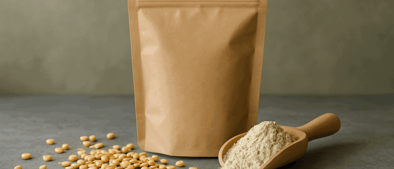 An unbranded kraft paper pouch beside a scoop of pale protein powder.