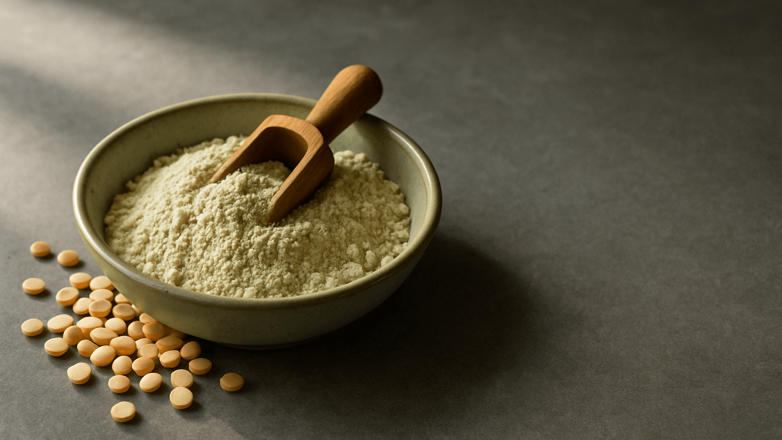 A ceramic bowl of pale pea protein powder with a wooden scoop, beside a scatter of dry yellow split peas.
