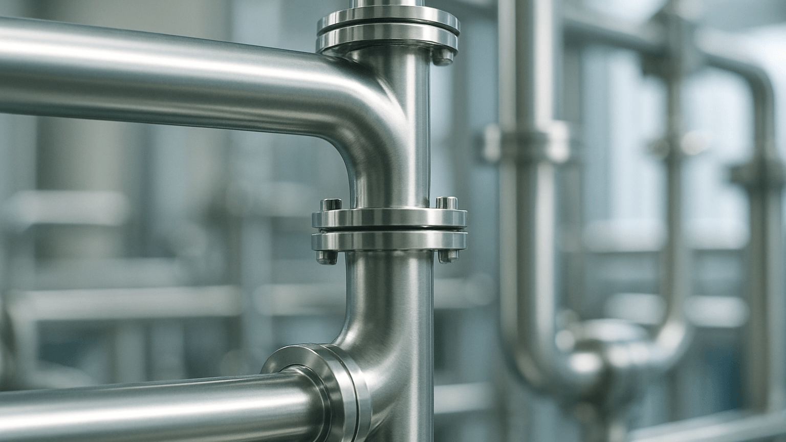 Polished stainless steel pipework in a food processing plant.