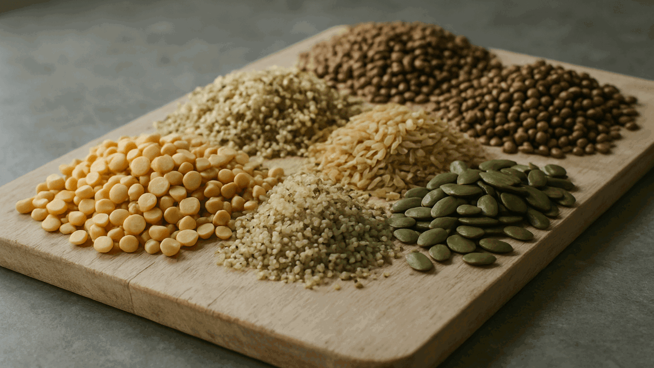 Separate piles of yellow split peas, hemp seeds, brown rice, lentils and pumpkin seeds on a wooden board.