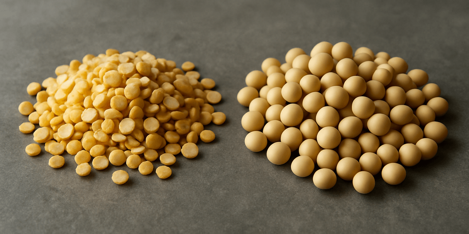 Yellow split peas heaped on the left and larger cream soybeans on the right, on one worktop.