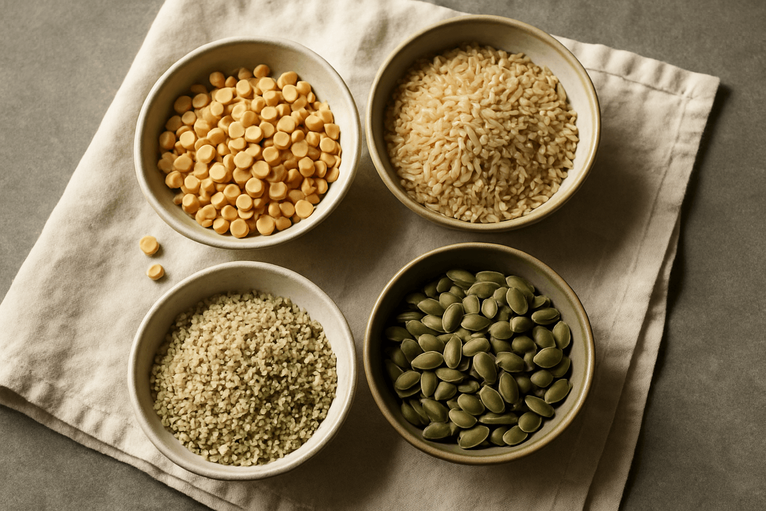 Four dishes of plant protein sources: yellow split peas, brown rice, hemp seeds and pumpkin seeds.