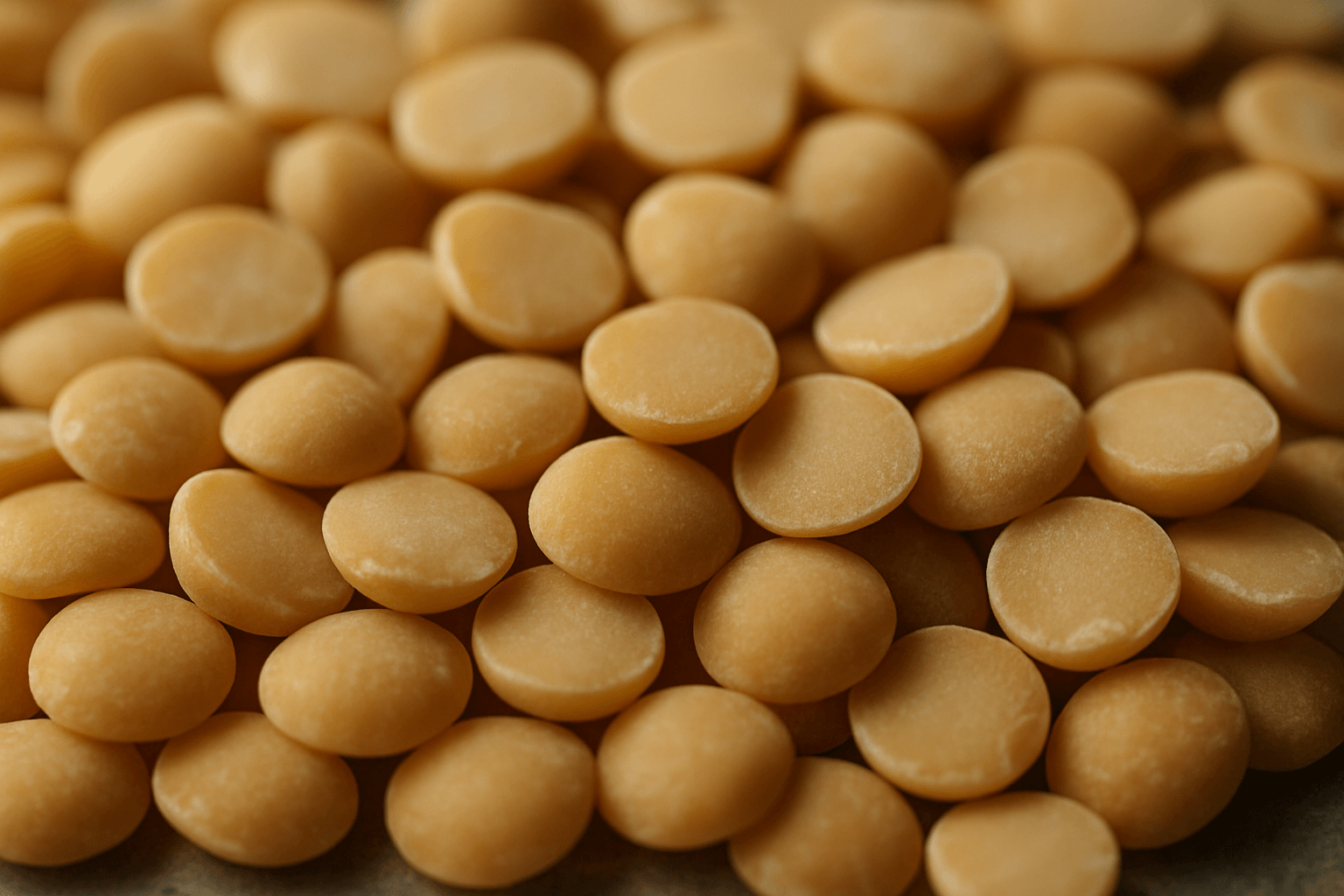 A close-up of dry yellow split peas, showing the flat split face and matte seed coat of each one.
