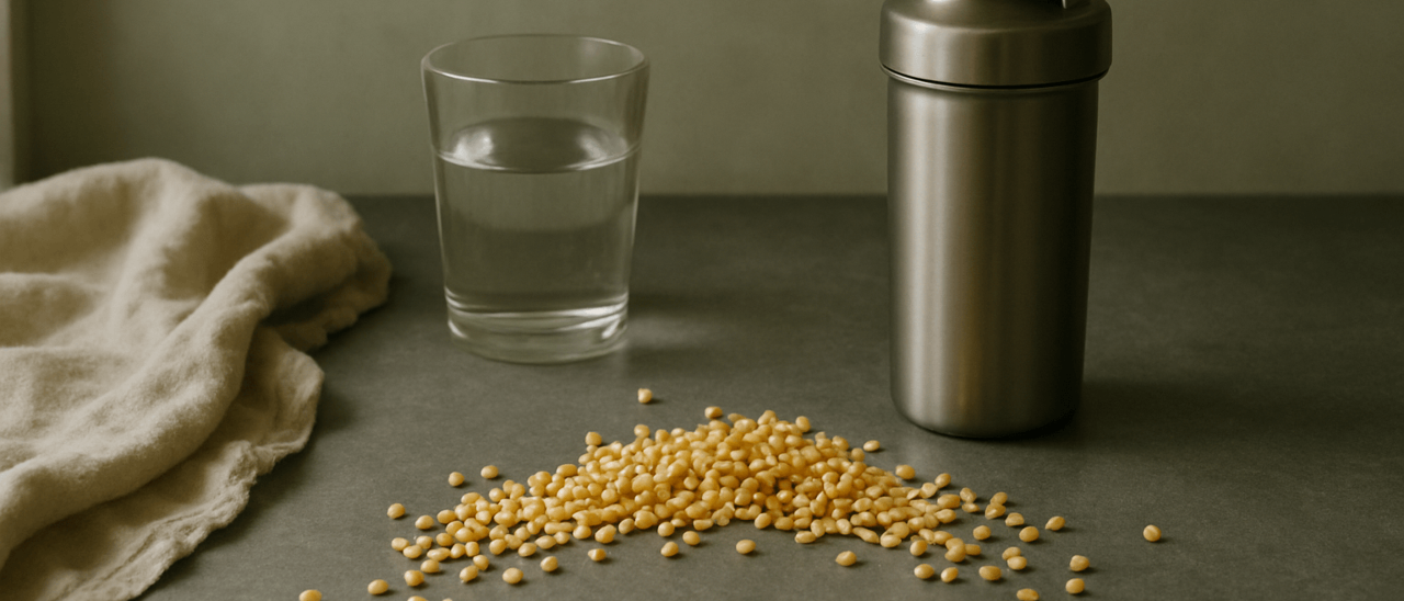 A glass of water and an unmarked shaker bottle on a worktop, with dry yellow split peas scattered in front.