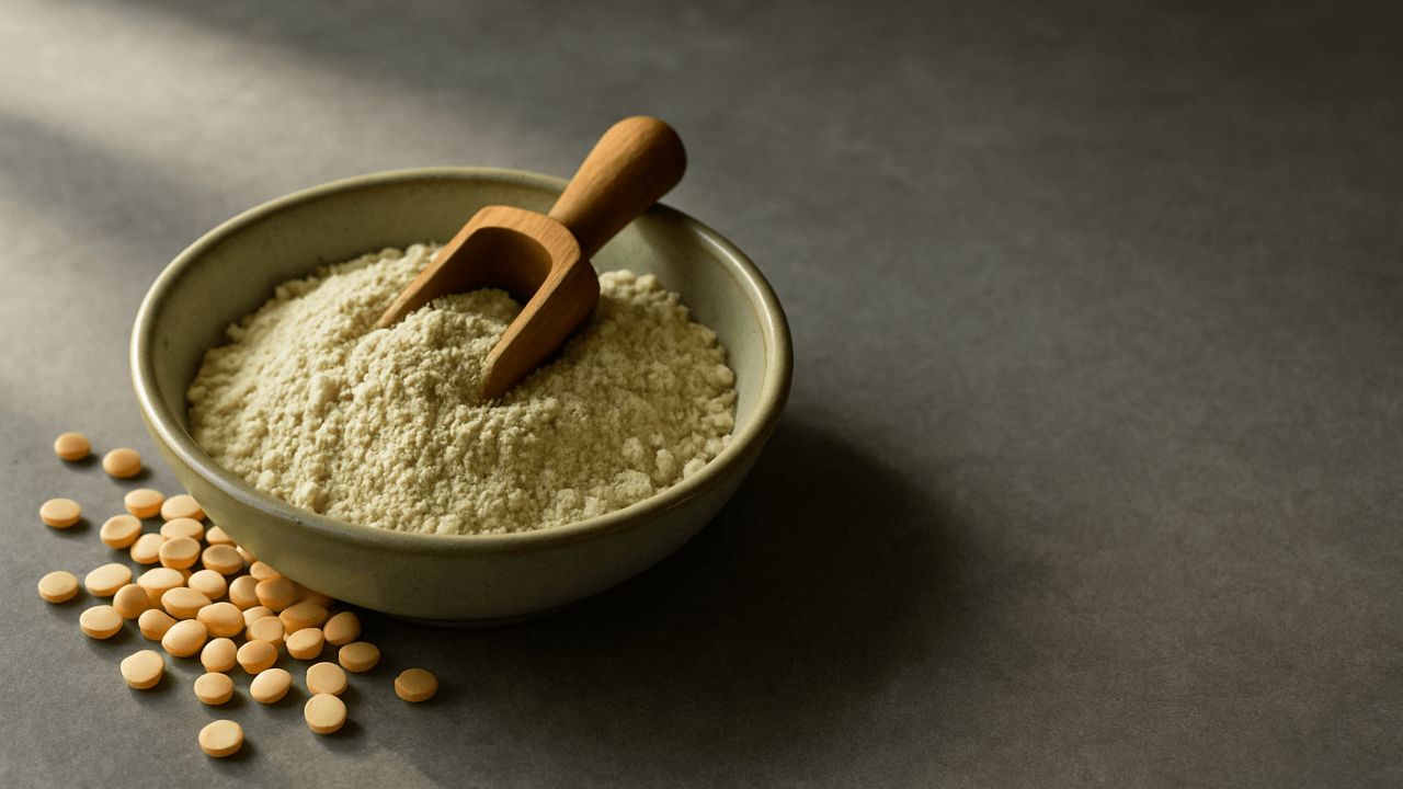 A ceramic bowl of pale pea protein powder with a wooden scoop, beside a scatter of dry yellow split peas.