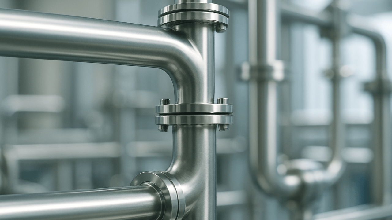 Polished stainless steel pipework in a food processing plant.